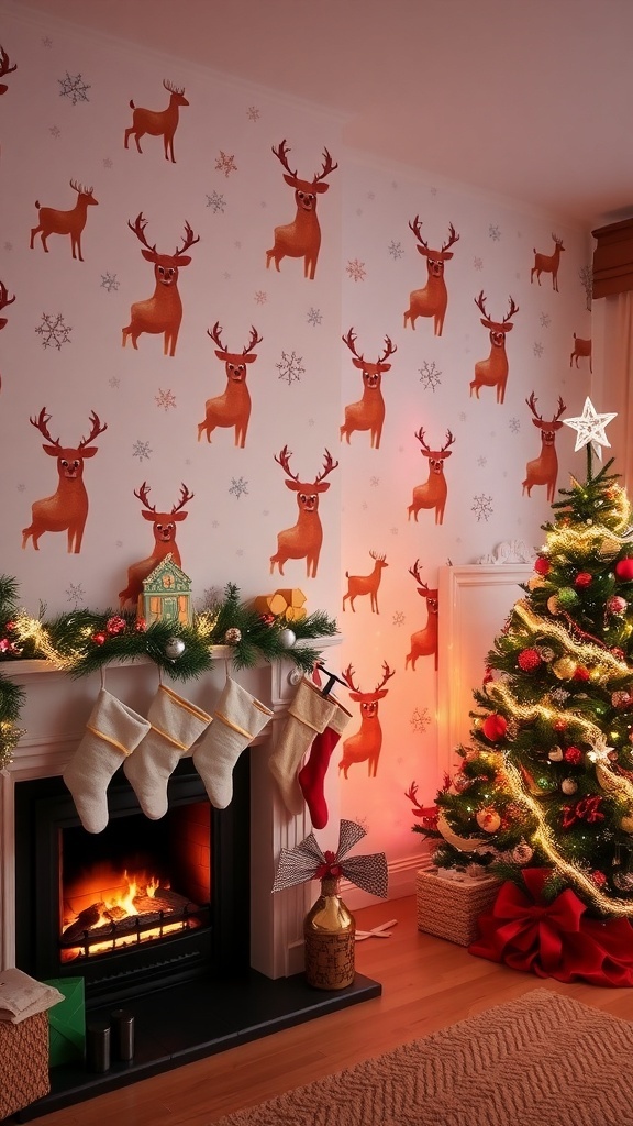 A cozy room with Christmas reindeer wallpaper, a decorated tree, and a fireplace.